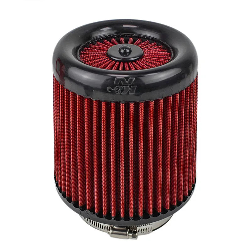 Red air filter with black top and bottom on a white background.