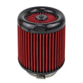 Red air filter with black top and bottom on a white background.