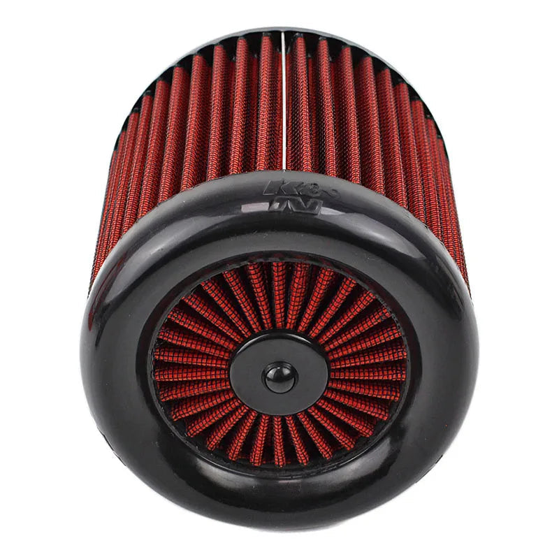 Red air filter with black base on a white background.