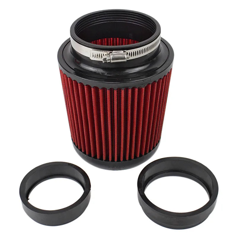 Red air filter with black outer casing on a white background.