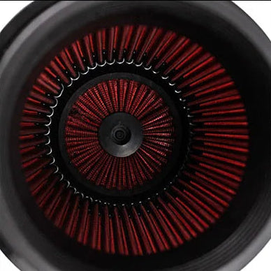 Collage of a red air filter with black housing, showing different angles and close-ups.