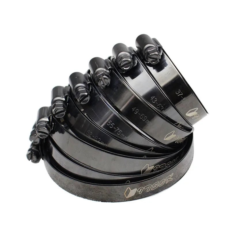 Set of black metal hose clamps with visible branding on a white background.