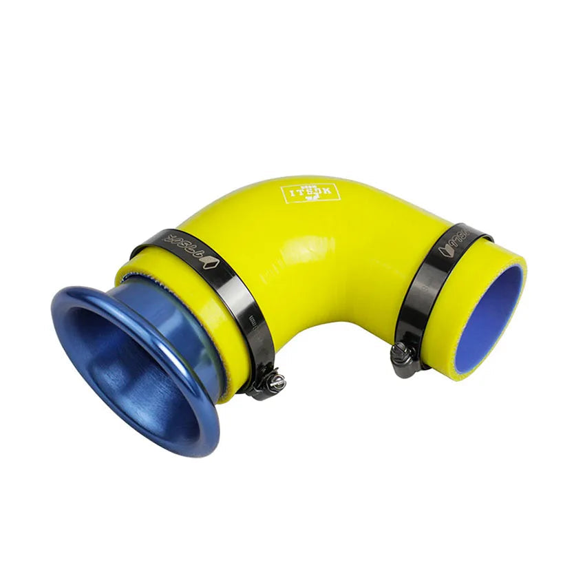 Yellow and blue automotive intake tube on a white background.