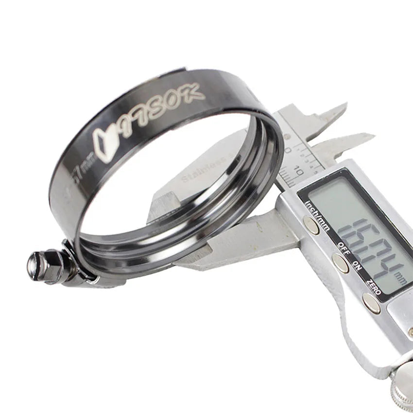 Metallic hose clamp with a digital calliper measuring its size.