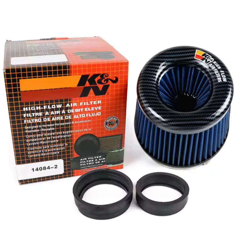 K&N high-flow air filter with packaging and additional filters on a white background