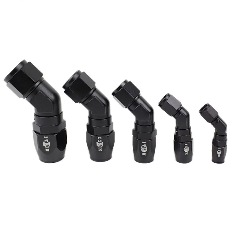 Five High-Flow Swivel Hose Fittings on a white background