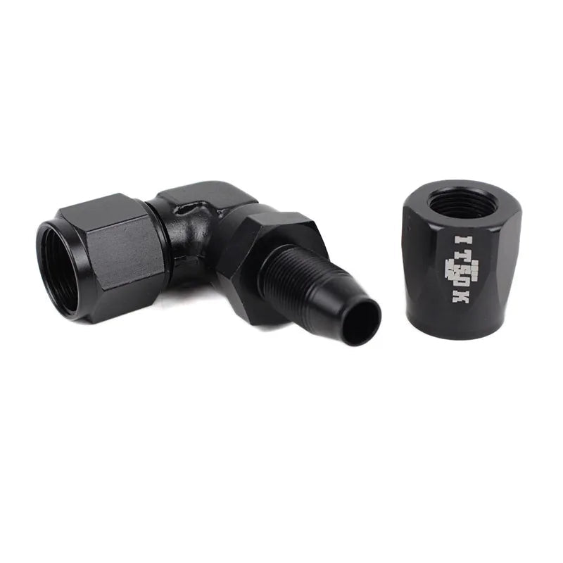 Black High-Flow Swivel Hose Fittings on a white background