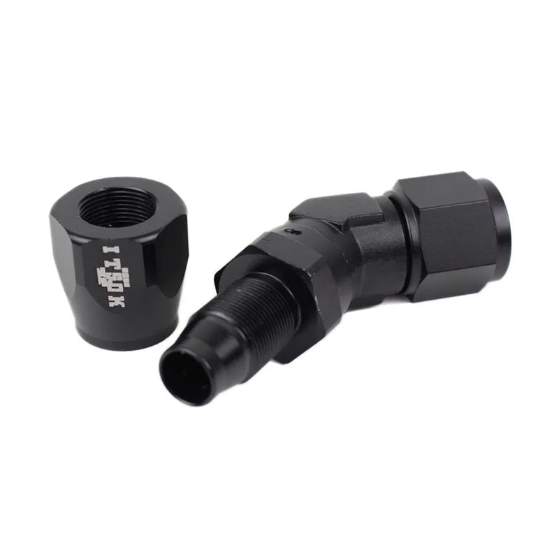 Black High-Flow Swivel Hose Fittings on a white background
