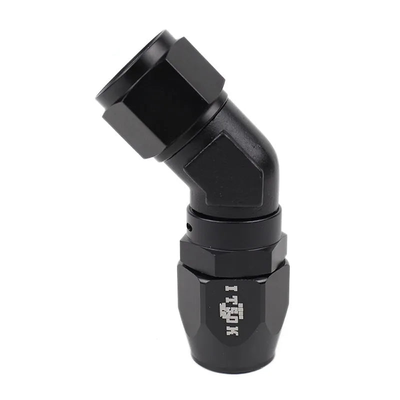 Black High-Flow Swivel Hose Fittings on a white background